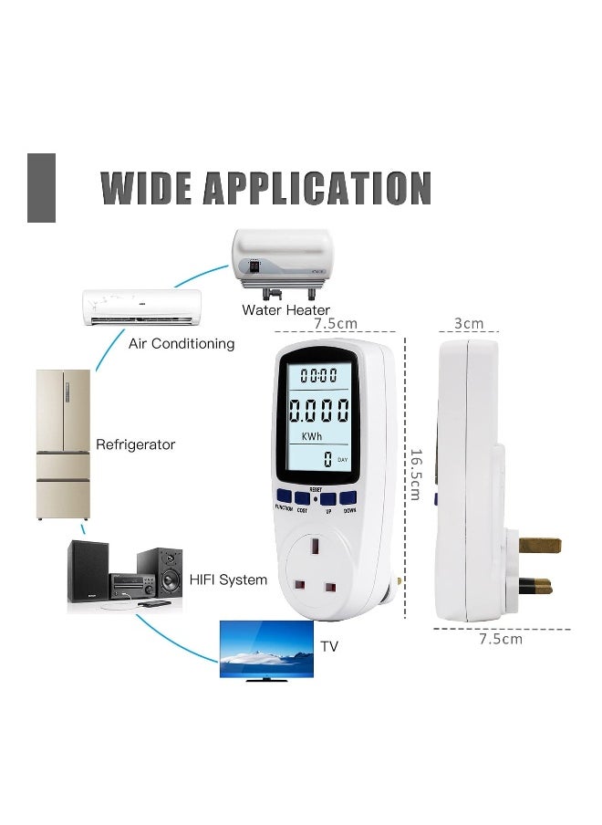 Power Meter Energy Monitor UK Plug, 13A Electricity Usage with LCD Display, Overload Protection kwh Analyzer for Home Appliances