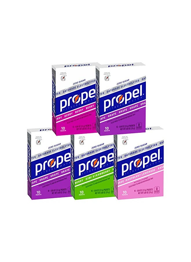 Propel Powder Packets 4 Flavor Variety Pack With Electrolytes, Vitamins and No Sugar 10 Count (Pack of 5) (Packaging May Vary)