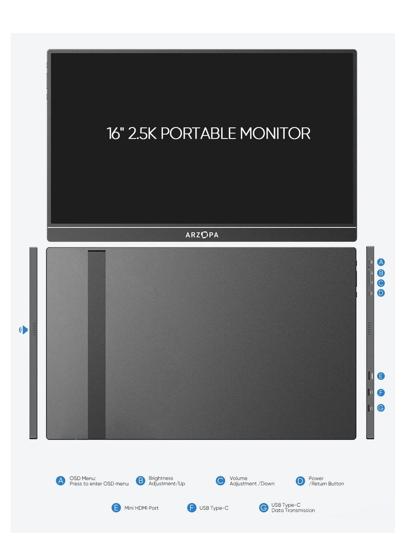 ARZOPA Z1RC 16-inch Portable Monitor, 2.5K QHD, 60Hz, IPS Panel, High Color Gamut, for Laptop/Phone/Console