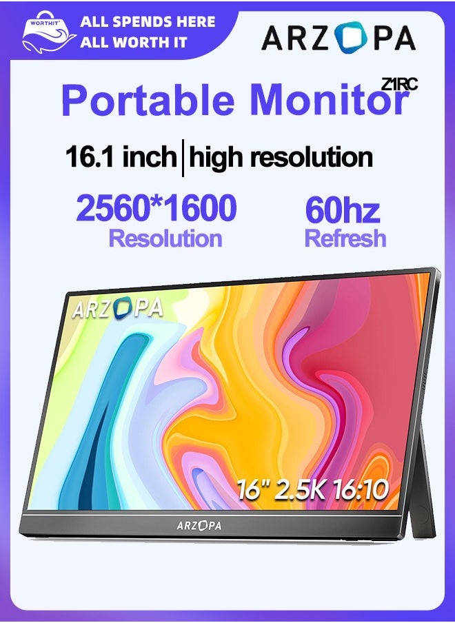 ARZOPA Z1RC 16-inch Portable Monitor, 2.5K QHD, 60Hz, IPS Panel, High Color Gamut, for Laptop/Phone/Console