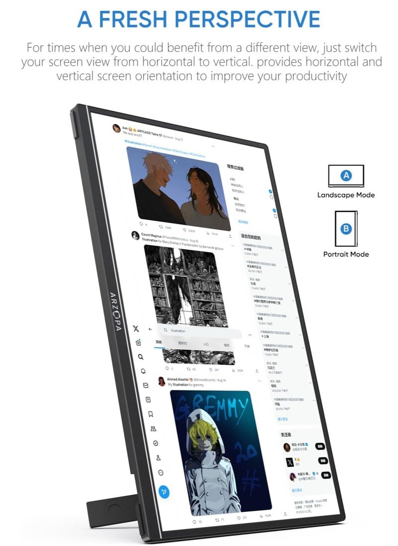 ARZOPA Z1RC 16-inch Portable Monitor, 2.5K QHD, 60Hz, IPS Panel, High Color Gamut, for Laptop/Phone/Console