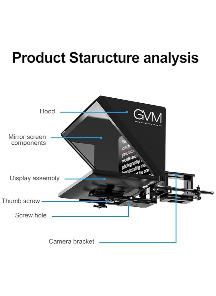 GVM Teleprompters for Digital Cameras/camcorders Portable 18.5'' Teleprompter Kit with Remote Control & App,Solid Aluminum Constructions,Colorless Spectroscope,Ultra HD Wide-Angle Lens