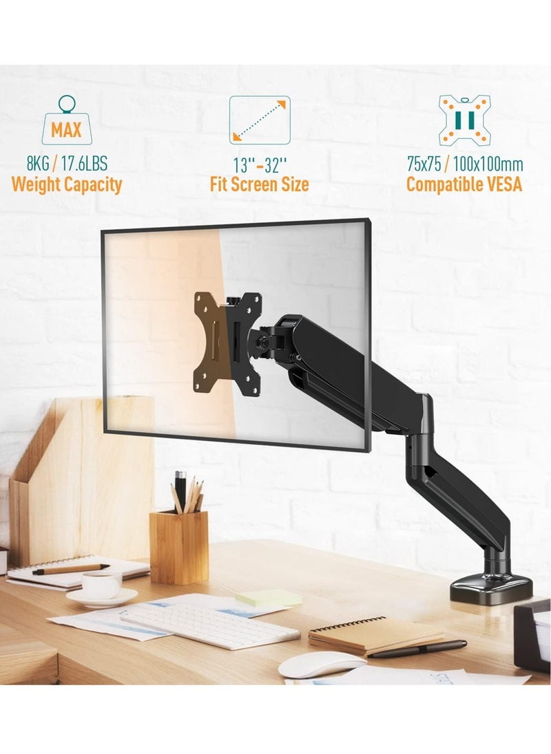 Single Monitor Arm for 13-32 Inch Monitors – VESA 75x75/100x100mm, Supports up to 8KG, 360° Rotation Gas Spring Arm with C-Clamp and Grommet Base, Monitor Stand Mount