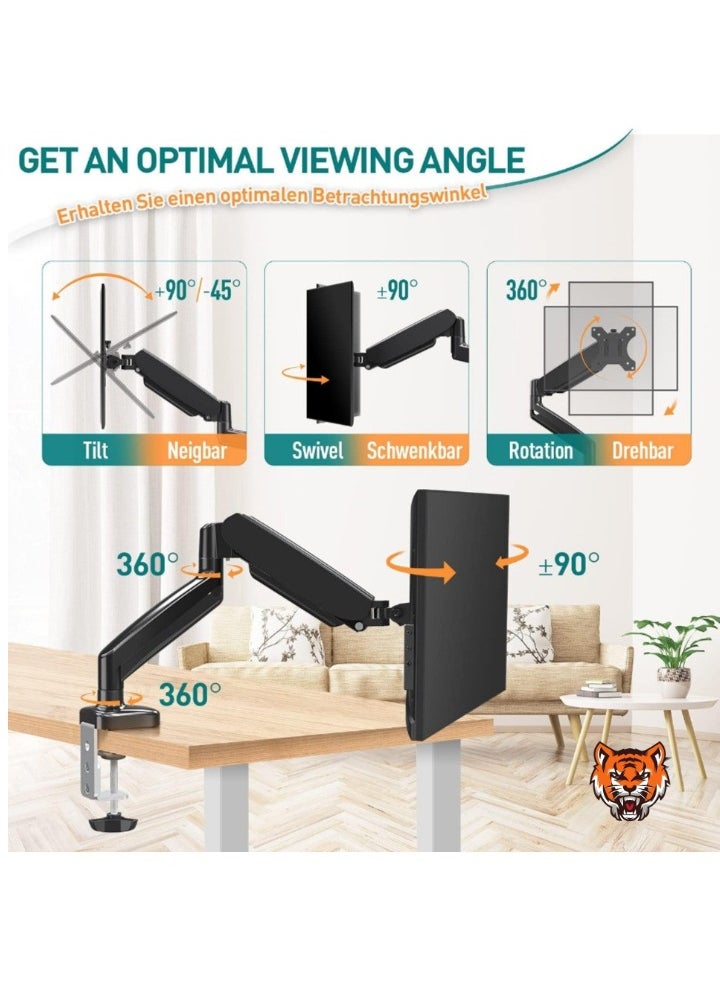 Single Monitor Arm for 13-32 Inch Monitors – VESA 75x75/100x100mm, Supports up to 8KG, 360° Rotation Gas Spring Arm with C-Clamp and Grommet Base, Monitor Stand Mount