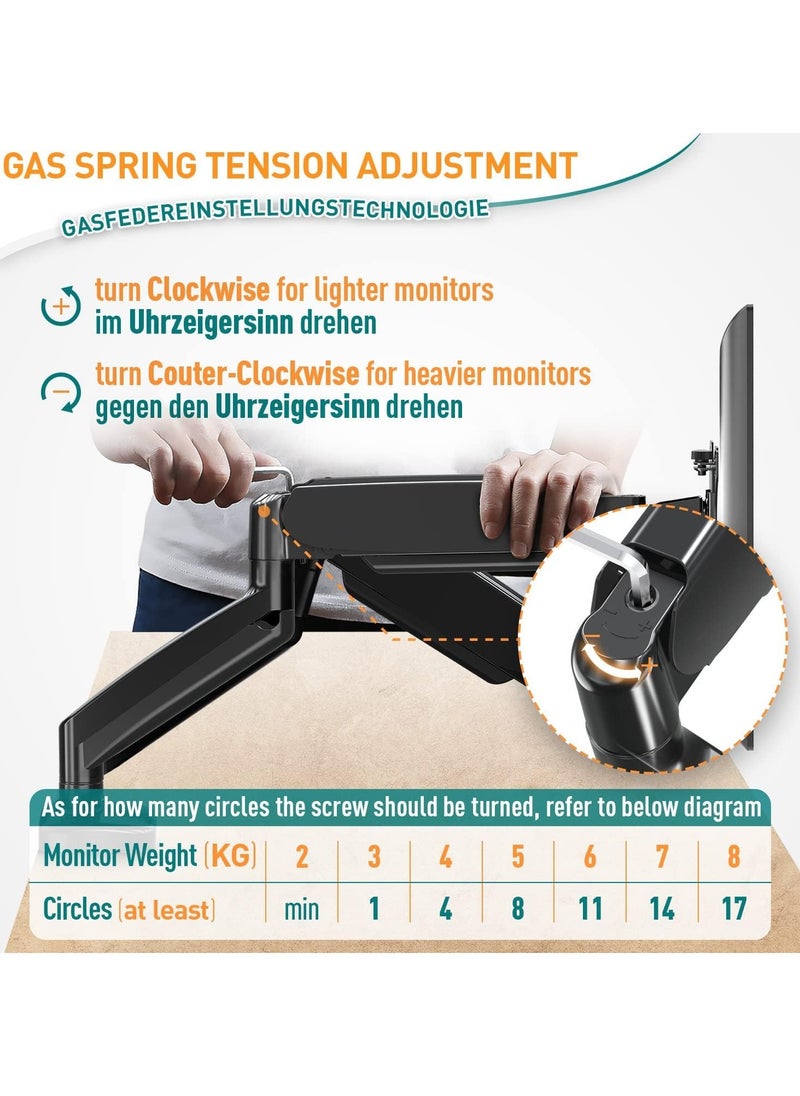 Single Monitor Arm for 13-32 Inch Monitors – VESA 75x75/100x100mm, Supports up to 8KG, 360° Rotation Gas Spring Arm with C-Clamp and Grommet Base, Monitor Stand Mount