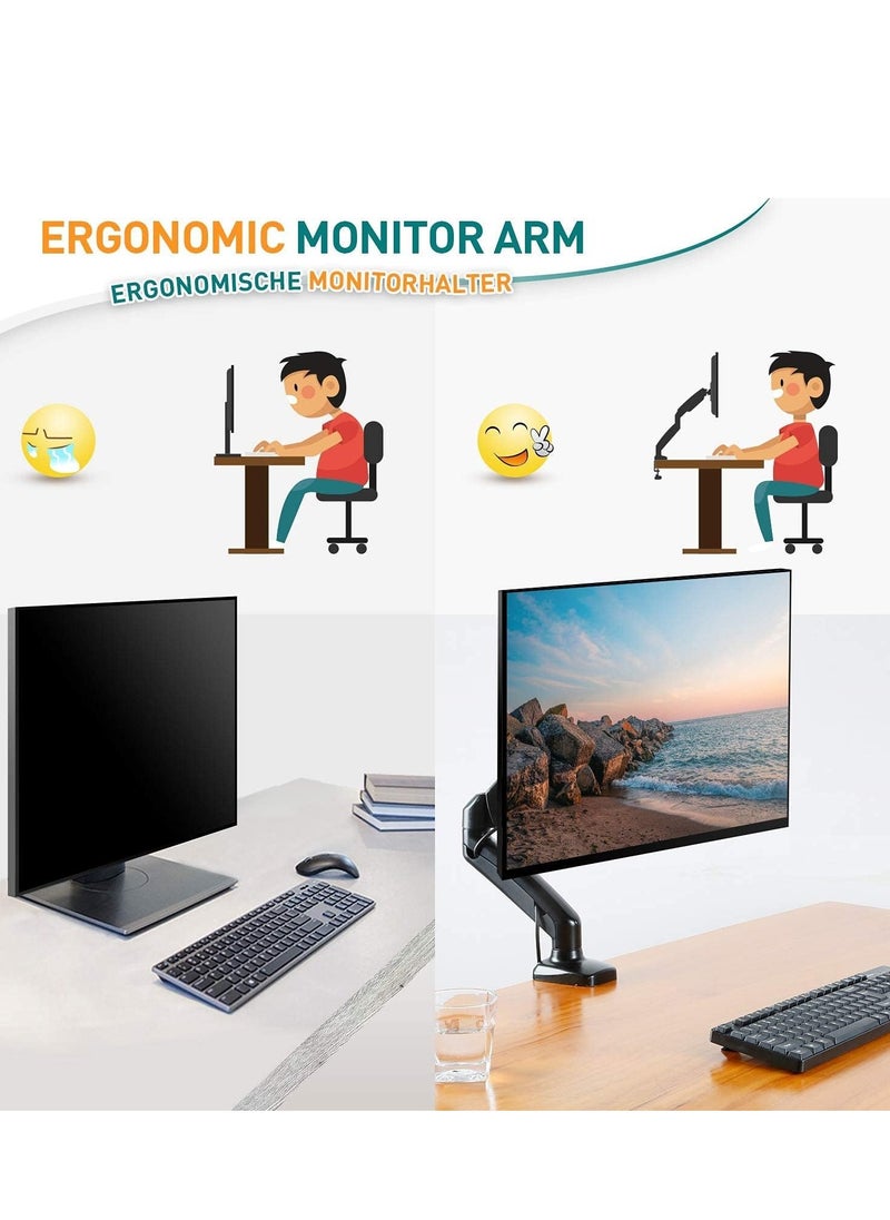 Single Monitor Arm for 13-32 Inch Monitors – VESA 75x75/100x100mm, Supports up to 8KG, 360° Rotation Gas Spring Arm with C-Clamp and Grommet Base, Monitor Stand Mount