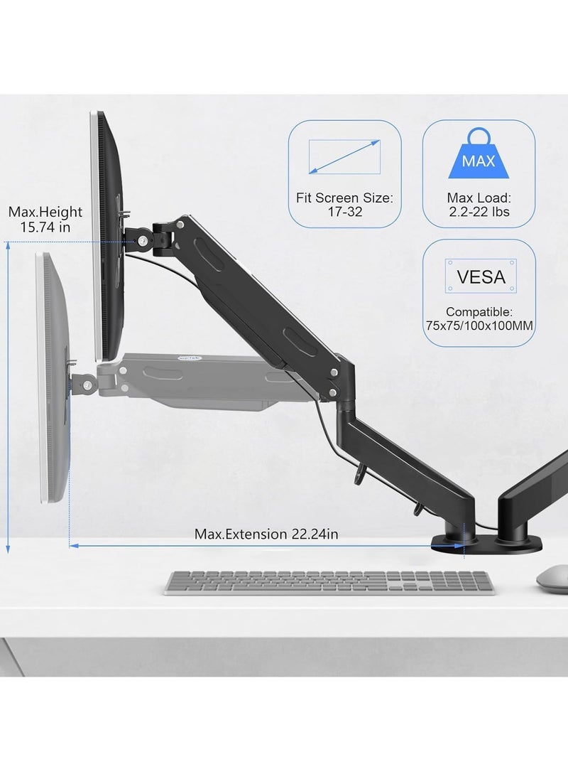 Dual Monitor Arm 32-inch – Adjustable Desk Mount, VESA Bracket for 17-32 inch Monitors, Supports up to 22lbs, Double Gas Spring Arm for Smooth Adjustment