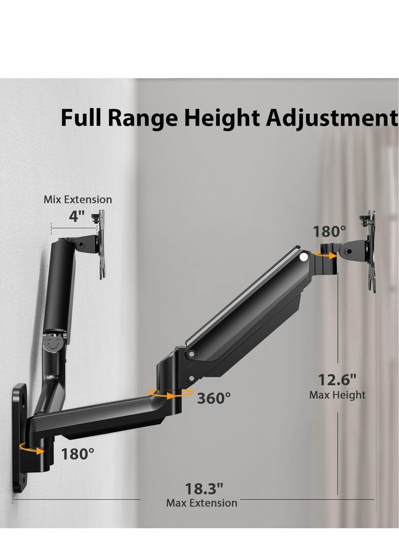 Dual Monitor Wall Mount – Gas Spring Wall Arm for 17 to 32 Inch Monitors, Supports up to 18lbs, VESA Mount 75x75/100x100mm, Adjustable for 2 Monitors