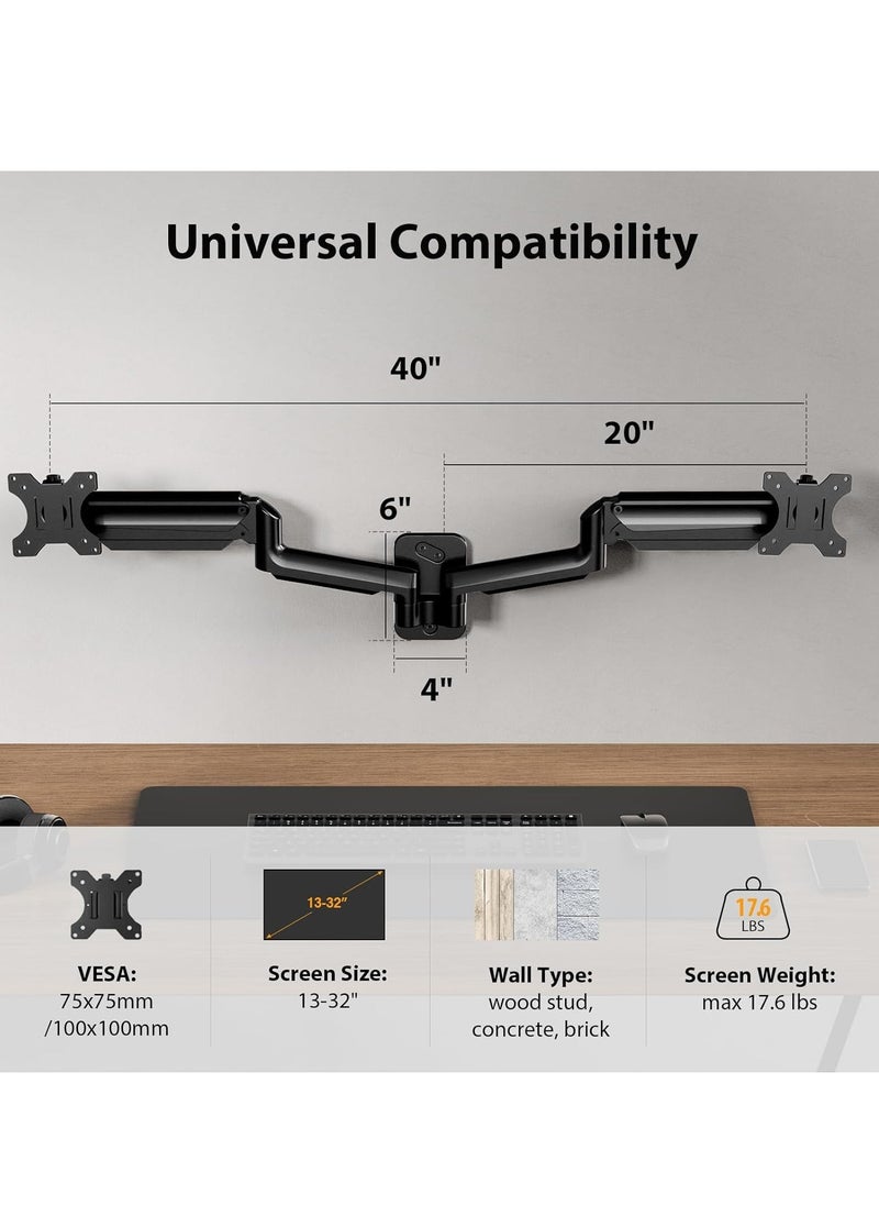 Dual Monitor Wall Mount – Gas Spring Wall Arm for 17 to 32 Inch Monitors, Supports up to 18lbs, VESA Mount 75x75/100x100mm, Adjustable for 2 Monitors