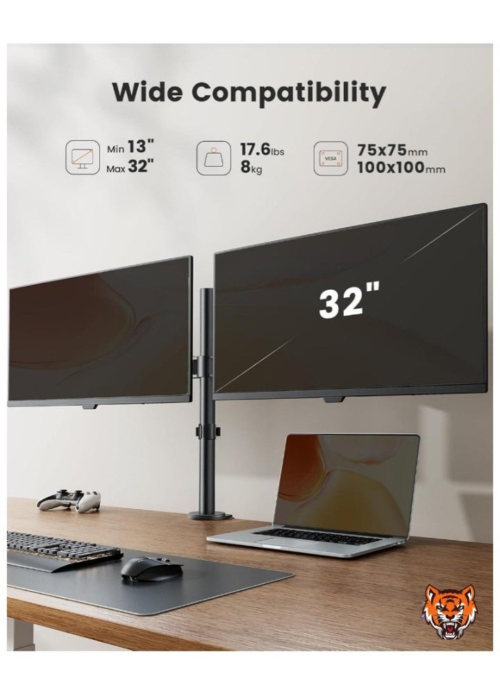 Dual Monitor Stand for 13 to 32 Inch Screens – Ergonomic Adjustable Mount, Tilt ±45°, Swivel 180°, Rotate 360°, VESA 75/100mm