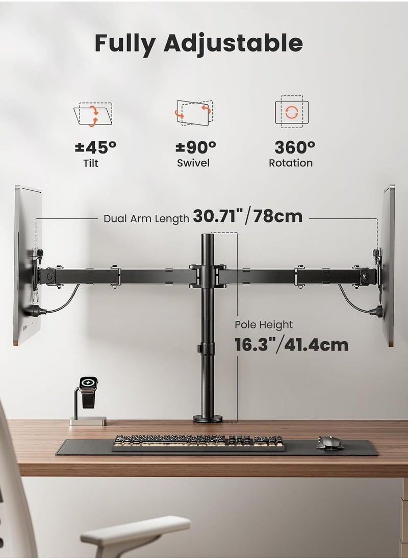 Dual Monitor Stand for 13 to 32 Inch Screens – Ergonomic Adjustable Mount, Tilt ±45°, Swivel 180°, Rotate 360°, VESA 75/100mm