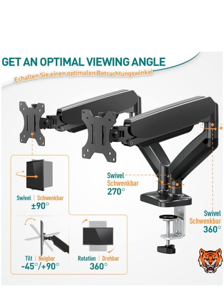 Dual Monitor Arm Adjustable Gas Powered – Ergonomic PC Monitor Stand for 13-32 Inch Monitors, VESA 75x75/100x100, with C-Clamp and Grommet Base, Gas Spring Monitor Arm