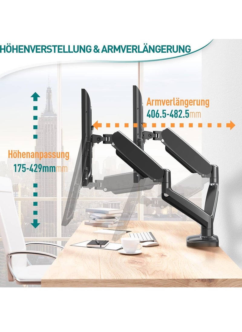 Dual Monitor Arm Adjustable Gas Powered – Ergonomic PC Monitor Stand for 13-32 Inch Monitors, VESA 75x75/100x100, with C-Clamp and Grommet Base, Gas Spring Monitor Arm