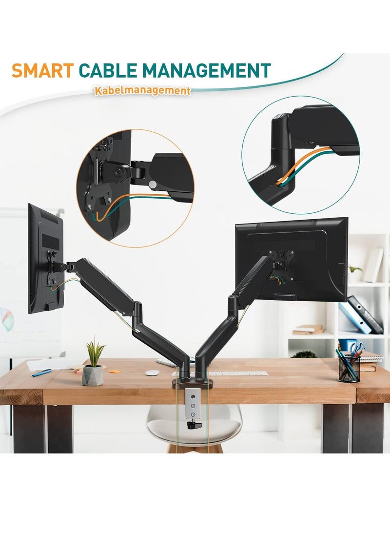 Dual Monitor Arm Adjustable Gas Powered – Ergonomic PC Monitor Stand for 13-32 Inch Monitors, VESA 75x75/100x100, with C-Clamp and Grommet Base, Gas Spring Monitor Arm