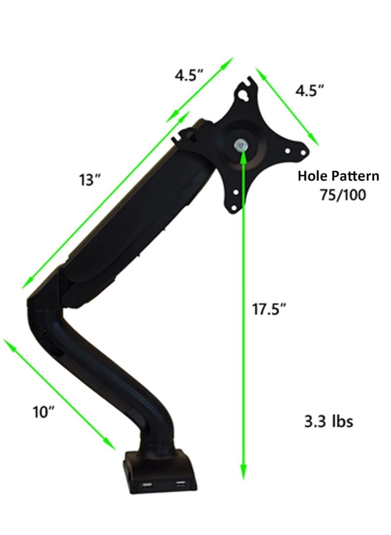 Single Computer Monitor Arm – Adjustable Height LCD Holder with 2 USB Ports, Swivel, Pan, Tilt, Universal Mount for Sit-Stand Desk, Black