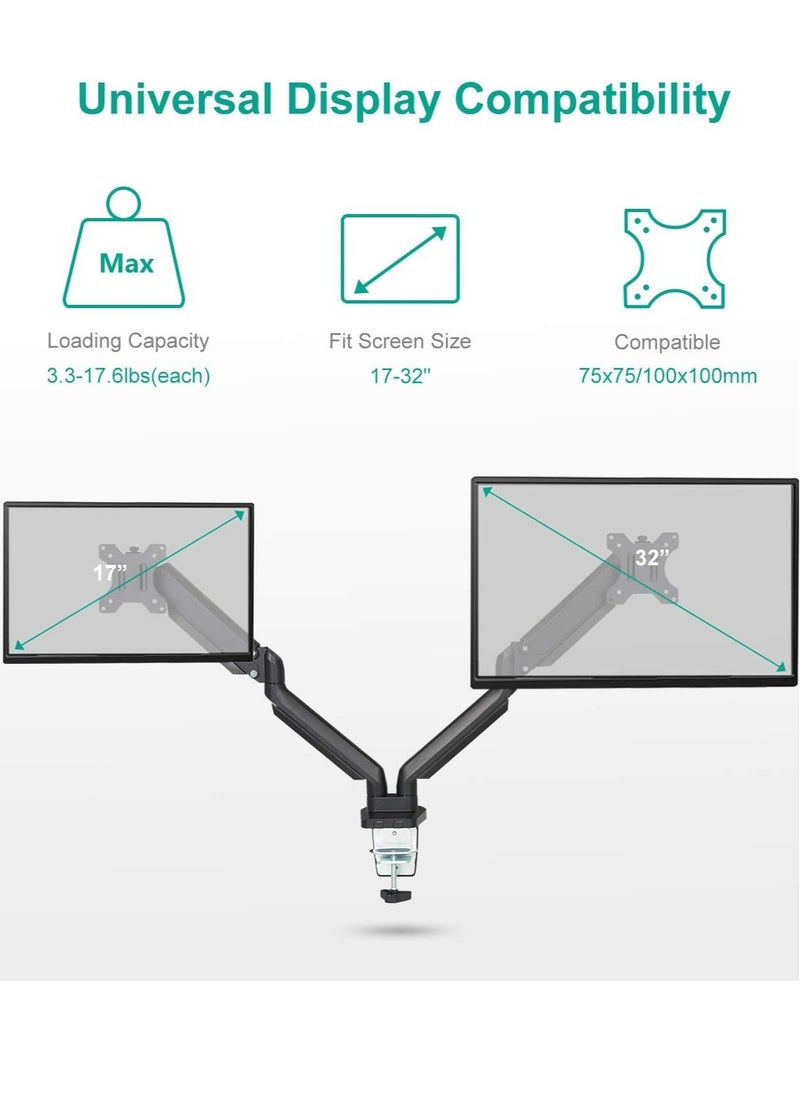 Dual Monitor Mount Stand – Height Adjustable, Fully Articulating Counterbalance Gas Spring Desk Mount for Two 17 to 32 Inch Screens