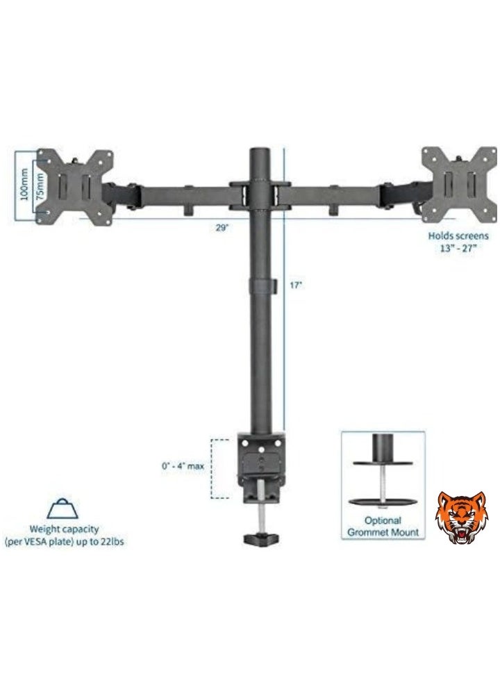 Dual LCD/LED Monitor Desk Mount Stand – Heavy Duty Adjustable Arms with C-Clamp & Bolt-Through Grommet Options, Holds Two 27
