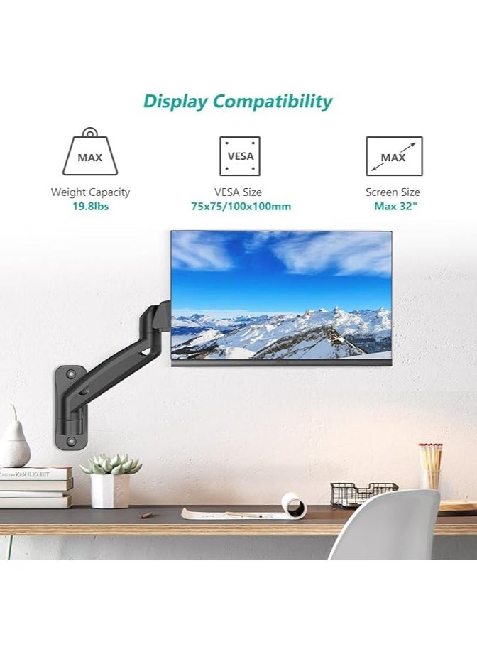 OFFICE Wall Mounted Monitor Stand for 13-32 Inch Monitors| 8Kg Weight Capacity| Monitor Stand for Wall | Adjustable Metal Wall Monitor Mount | Pneumatic Adjustable Monitor Arm