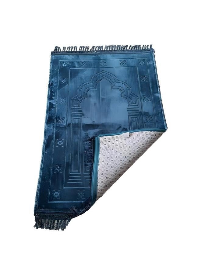 Embossed Prayer Mat Blue 80x120cm-Prayer Rug Muslim Mat Islamic - Thick Large Padded for Kids Men Women with Islam Prayer Beads for Eid Travel Ramadan, Soft Luxury Great for Knees and Forehead