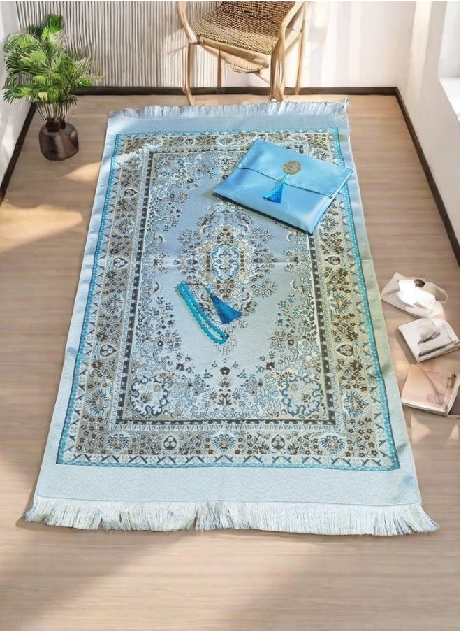 Muslim Prayer Rug and Prayer Beads with Elegant Design | Soft Islamic Prayer Rug | Islamic Gifts Set | Prayer Carpet Matfor Ramadan, Eid & Special Occasions