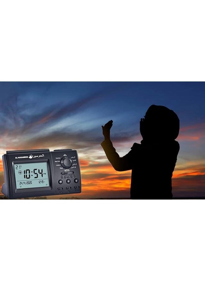 Digital Azan Table Alarm Clock Carbon Fibre Black 15x9.5cm,Muslim Azan Table Clock Azan Athan Prayer Clock Black Color Complete Azan for All Prayers Qibla Direction