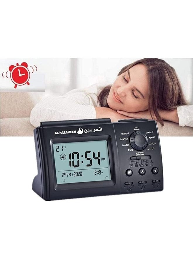 Digital Azan Table Alarm Clock Carbon Fibre Black 15x9.5cm,Muslim Azan Table Clock Azan Athan Prayer Clock Black Color Complete Azan for All Prayers Qibla Direction