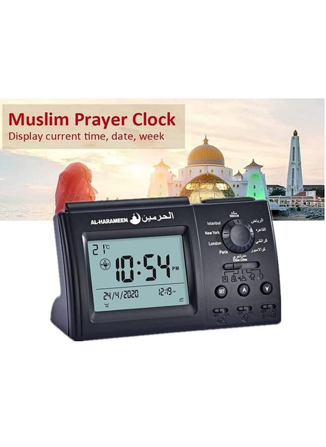 Digital Azan Table Alarm Clock Carbon Fibre Black 15x9.5cm,Muslim Azan Table Clock Azan Athan Prayer Clock Black Color Complete Azan for All Prayers Qibla Direction