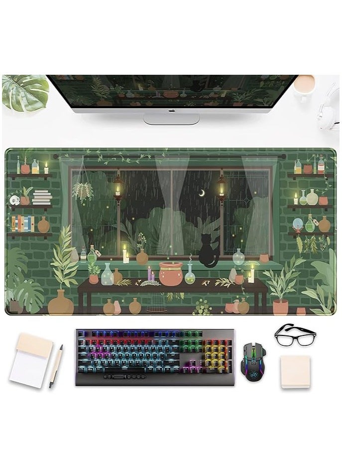 Kawaii Anime Black Cat Desk Mat - Large Aesthetic Mouse Pad with Moonlight Fireflies, Green Plants, and Rainy Night Theme, XXL Gaming & Laptop Keyboard Pad for Women 31.5