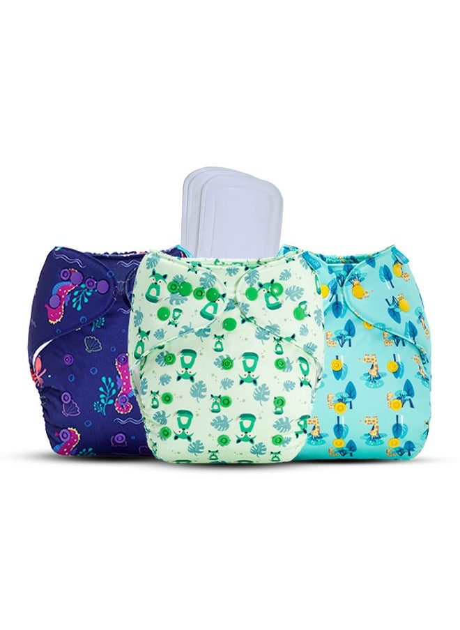 Adjustable Reusable 3 Pocket Cloth Diaper Cover Combo With 3 Microfiber Insert For Babies (Pack Of Seahorse, Fuzzyfox And Giraffe 3-36 Months)