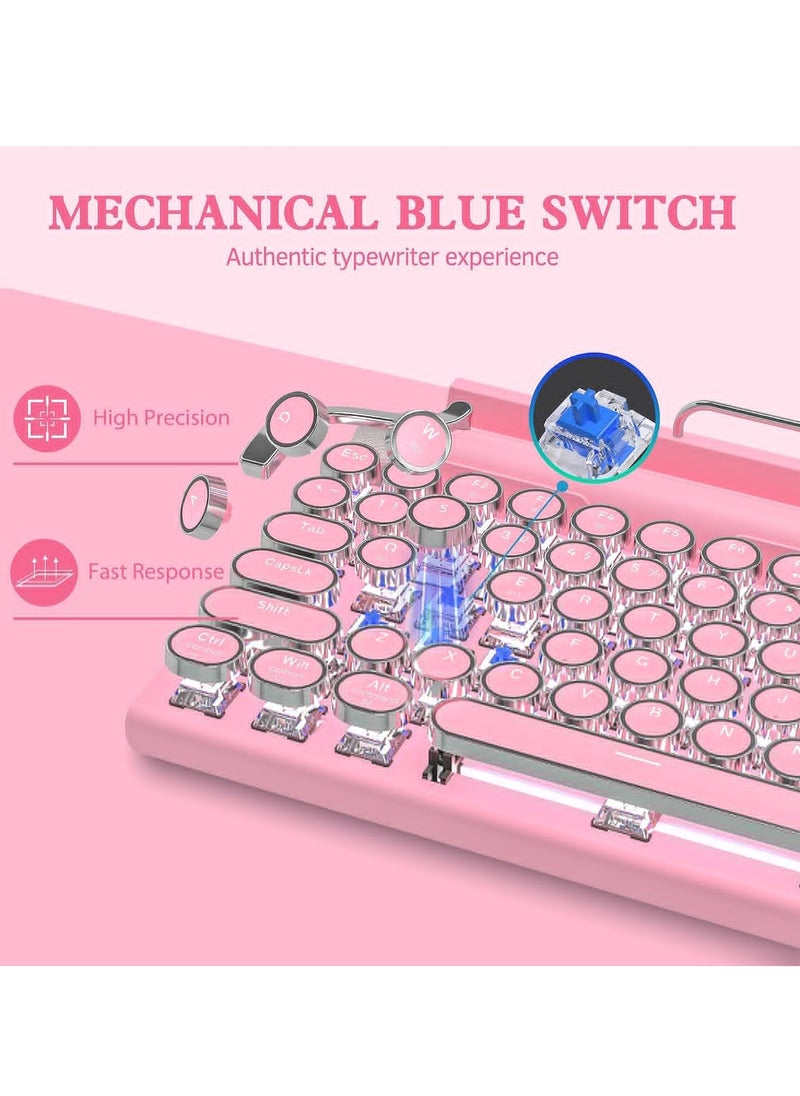 Retro Typewriter Keyboard Wireless Mechanical Gaming Vintage Keyboard 83 Key Blue Switches Punk Round Keycap 14 Modes Rainbow LED Backlight Type C Bluetooth 5.0 Compatible With PC Laptop Pink