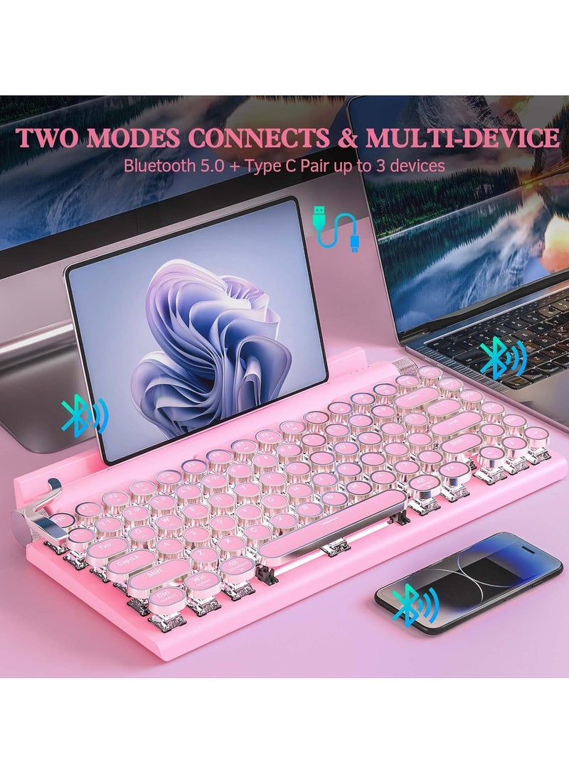 Retro Typewriter Keyboard Wireless Mechanical Gaming Vintage Keyboard 83 Key Blue Switches Punk Round Keycap 14 Modes Rainbow LED Backlight Type C Bluetooth 5.0 Compatible With PC Laptop Pink