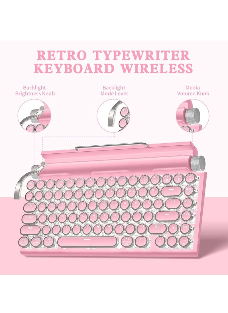 Retro Typewriter Keyboard Wireless Mechanical Gaming Vintage Keyboard 83 Key Blue Switches Punk Round Keycap 14 Modes Rainbow LED Backlight Type C Bluetooth 5.0 Compatible With PC Laptop Pink