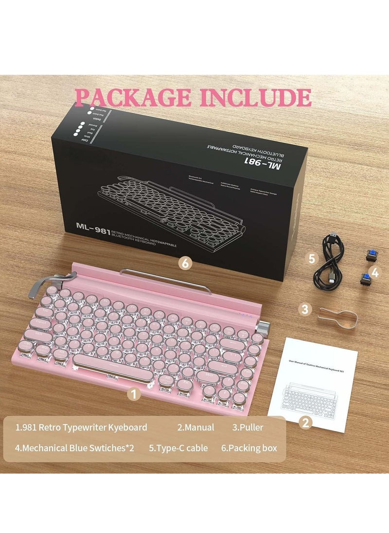 Retro Typewriter Keyboard Wireless Mechanical Gaming Vintage Keyboard 83 Key Blue Switches Punk Round Keycap 14 Modes Rainbow LED Backlight Type C Bluetooth 5.0 Compatible With PC Laptop Pink