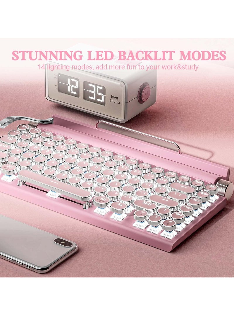 Retro Typewriter Keyboard Wireless Mechanical Gaming Vintage Keyboard 83 Key Blue Switches Punk Round Keycap 14 Modes Rainbow LED Backlight Type C Bluetooth 5.0 Compatible With PC Laptop Pink