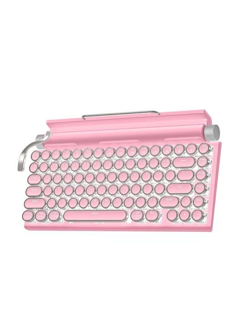 Retro Typewriter Keyboard Wireless Mechanical Gaming Vintage Keyboard 83 Key Blue Switches Punk Round Keycap 14 Modes Rainbow LED Backlight Type C Bluetooth 5.0 Compatible With PC Laptop Pink