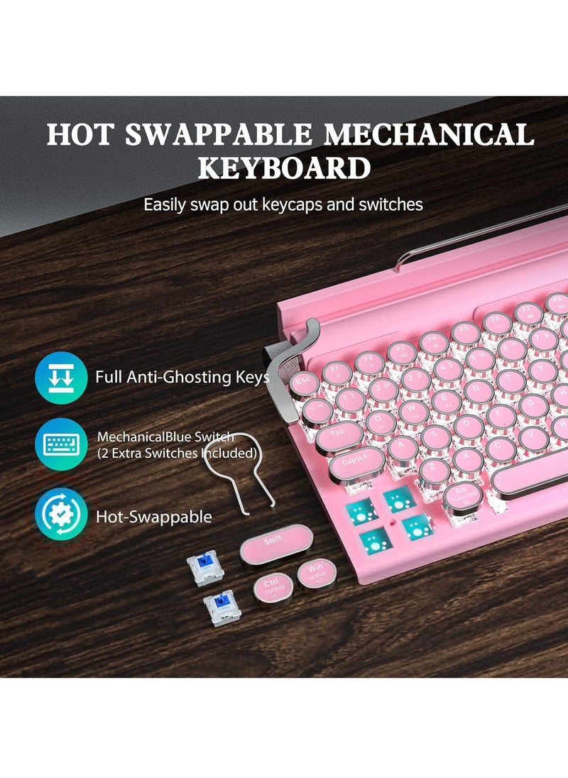 Retro Typewriter Keyboard Wireless Mechanical Gaming Vintage Keyboard 83 Key Blue Switches Punk Round Keycap 14 Modes Rainbow LED Backlight Type C Bluetooth 5.0 Compatible With PC Laptop Pink