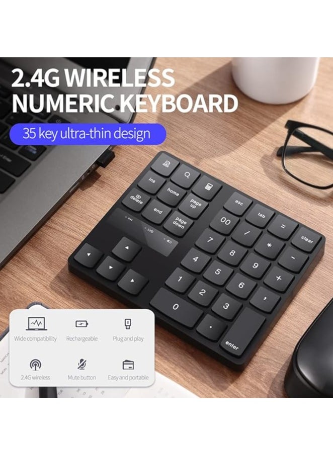 2.4G Wireless Numeric Keyboard Portable 35 Keys Financial Accounting Office Keyboard Built-in Rechargeable Battery Black