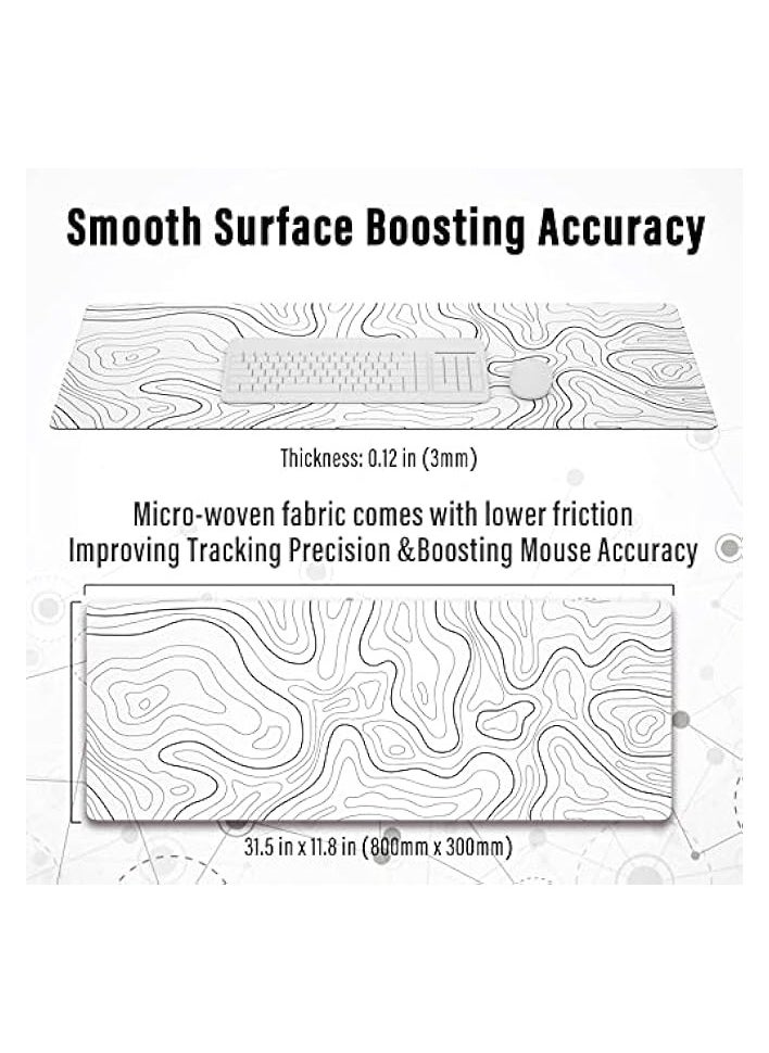 Large Gaming Mouse Pad with Stitched Edges, Minimalist Topographic Map Desk Mat, Extended XL Mousepad with Anti-Slip Base, Cool Desk Pad for Keyboard and Mouse, 31.5 x 11.8 in, White