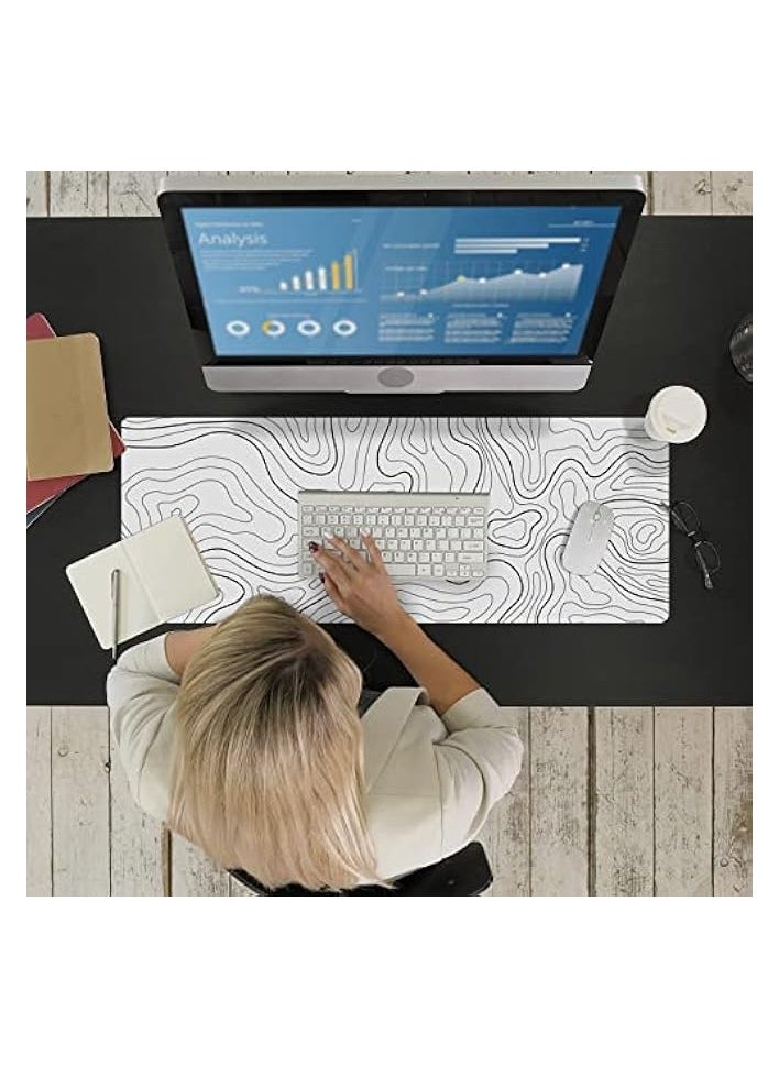 Large Gaming Mouse Pad with Stitched Edges, Minimalist Topographic Map Desk Mat, Extended XL Mousepad with Anti-Slip Base, Cool Desk Pad for Keyboard and Mouse, 31.5 x 11.8 in, White