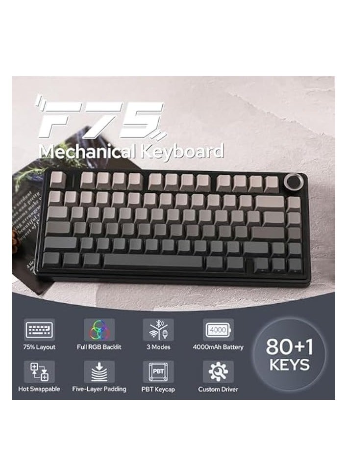 AULA F75 Gasket Mechanical Keyboard, 75% Wireless Hot Swappable Gaming Keyboard with Five-Layer Padding&Knob, Bluetooth/2.4GHz/USB-C, RGB (Black Gradient, LEOBOG Reaper Switch)