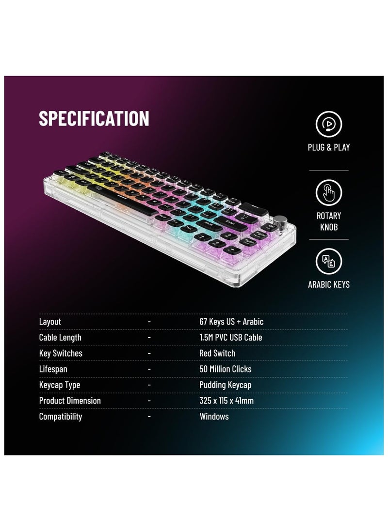 Transparent 67 Keys RGB Mechanical Keyboard with Multi-Function Rotary Knob | Red Switch | US + Arabic Layout