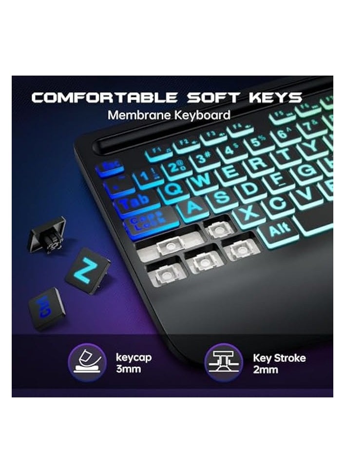 Wireless Keyboard and Mouse Combo, Membrane Silent Gaming Keyboard with Mechanical Feeling, Full-Size Bluetooth/2.4GHz/wired keyboard, RGB Backlit, Ergonomic Wrist Rest for PC/Computer