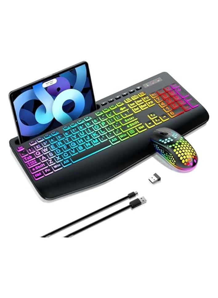 Wireless Keyboard and Mouse Combo, Membrane Silent Gaming Keyboard with Mechanical Feeling, Full-Size Bluetooth/2.4GHz/wired keyboard, RGB Backlit, Ergonomic Wrist Rest for PC/Computer