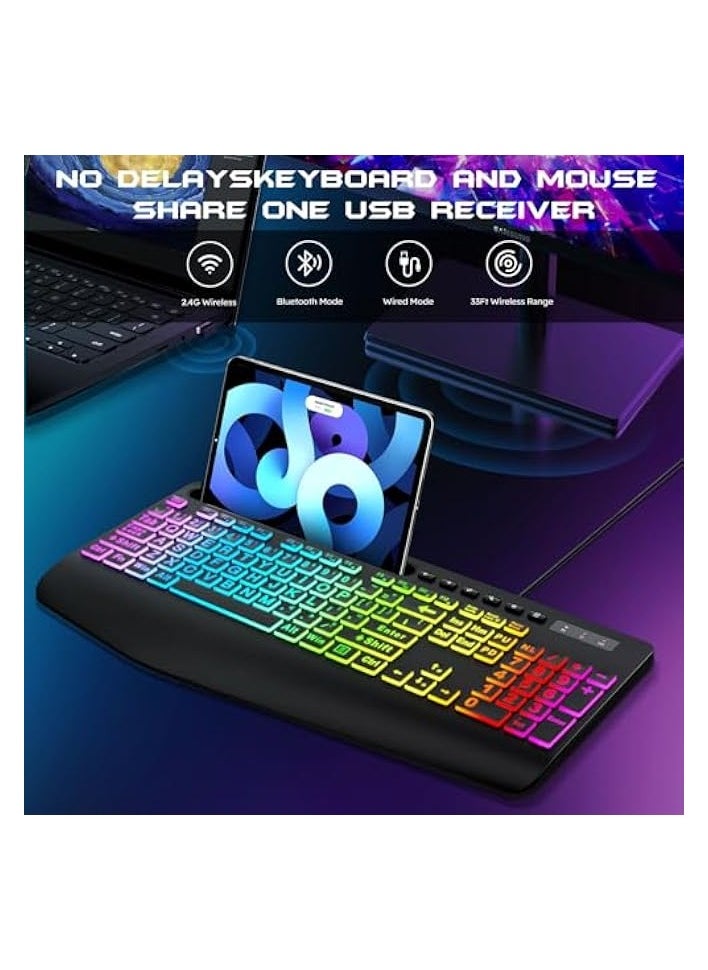 Wireless Keyboard and Mouse Combo, Membrane Silent Gaming Keyboard with Mechanical Feeling, Full-Size Bluetooth/2.4GHz/wired keyboard, RGB Backlit, Ergonomic Wrist Rest for PC/Computer