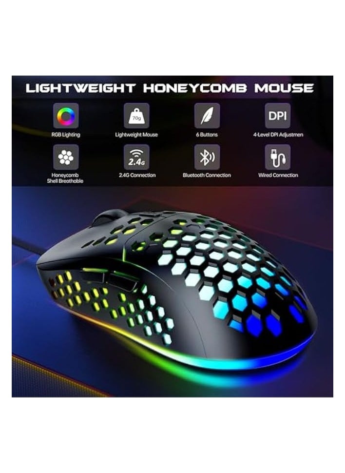 Wireless Keyboard and Mouse Combo, Membrane Silent Gaming Keyboard with Mechanical Feeling, Full-Size Bluetooth/2.4GHz/wired keyboard, RGB Backlit, Ergonomic Wrist Rest for PC/Computer