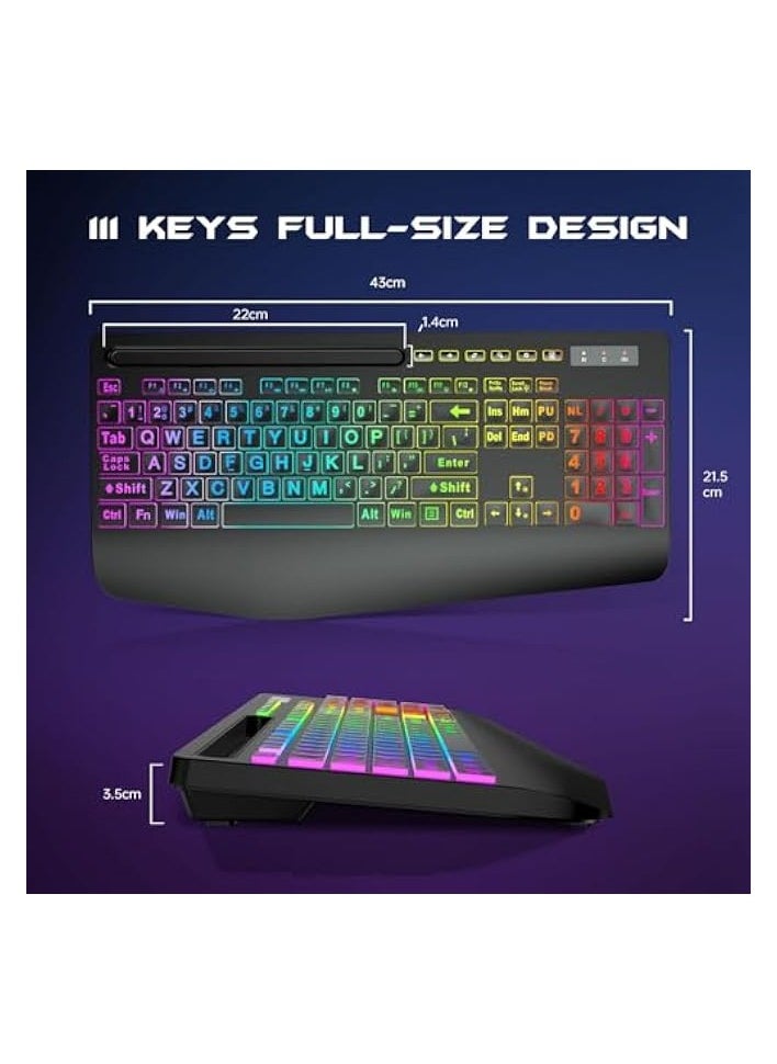 Wireless Keyboard and Mouse Combo, Membrane Silent Gaming Keyboard with Mechanical Feeling, Full-Size Bluetooth/2.4GHz/wired keyboard, RGB Backlit, Ergonomic Wrist Rest for PC/Computer