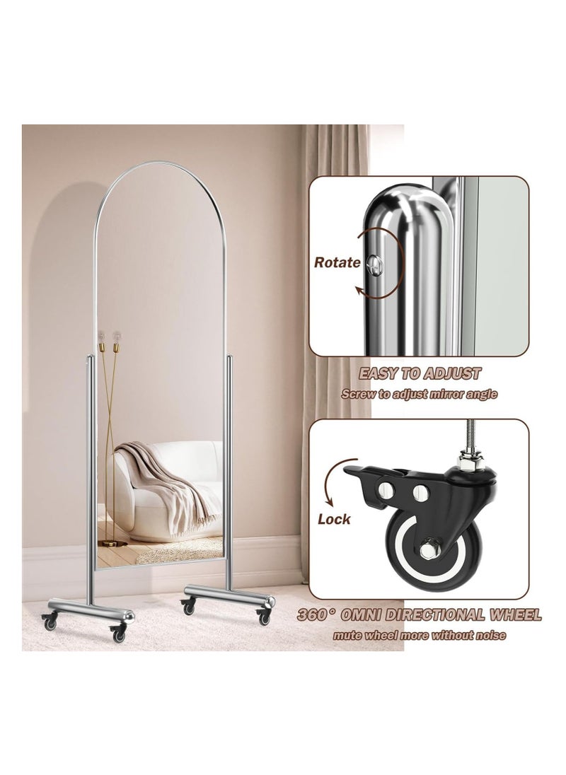 360° Swivel Adjustable Full Length Mirror with Wheels, Aluminum Frame Standing Full Body Mirror for Bedroom,Silver,70x27Inch