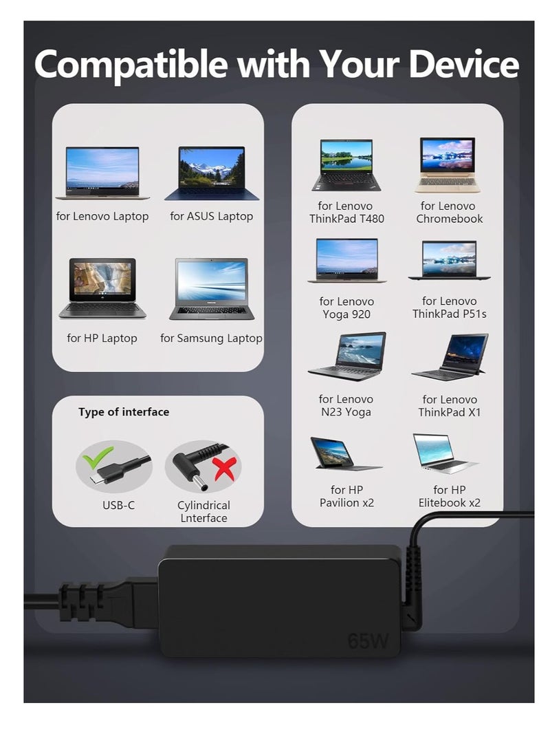 Universal 65W USB C Laptop Charger : for Huawei Lenovo HP Acer Asus Samsung Mac book pro Dell, Fast Type C AC Adapter Power Cord Replacement