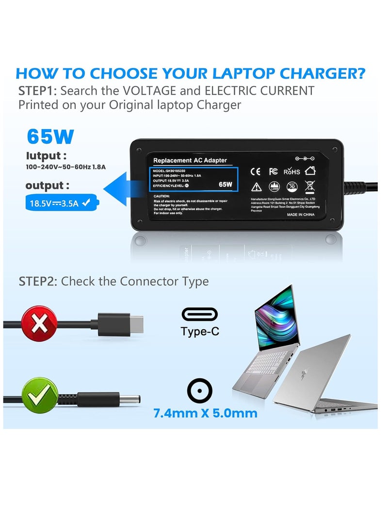 65W Laptop Charger for HP Pavilion DV7 DV6 DV5 DV4 DM4 Pavilion G4 G6 G7 M6 G60 G61 G70 G72; Elitebook G1 G2 740 750 840 850 2540p 2560p 8460p 8560p Power Supply