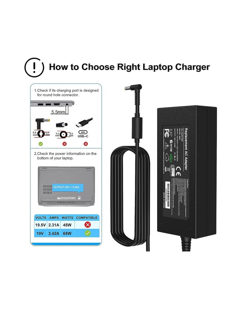 Acer Laptop Charger 65W/19V/3.42A AC Power Adapter Power Supply Replacement With Power Cord Compatible With Acer Aspire Acer ES1-511 E1 E3 E3-111 E5 and More - (5.5x1.7mm)